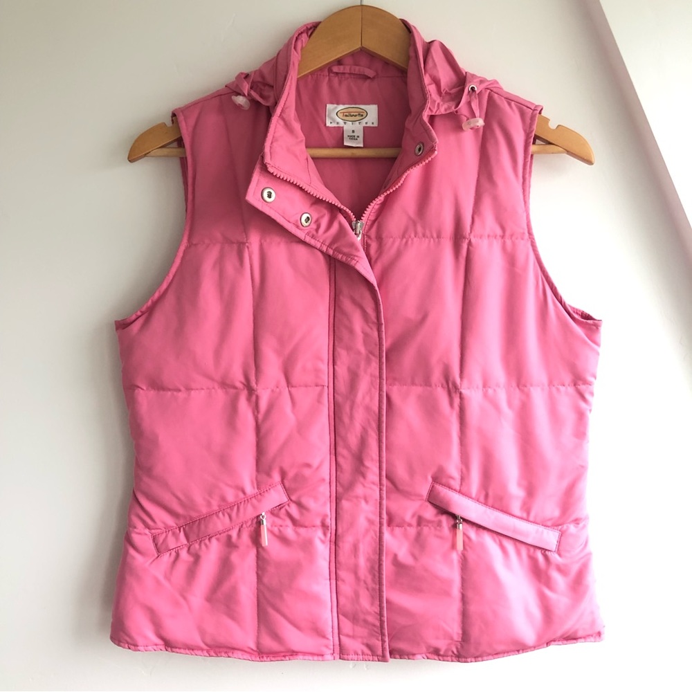 TALBOTS Goose Down Feather Puffer Vest Pink Hidden Hood Full Zip Snap Sz SP